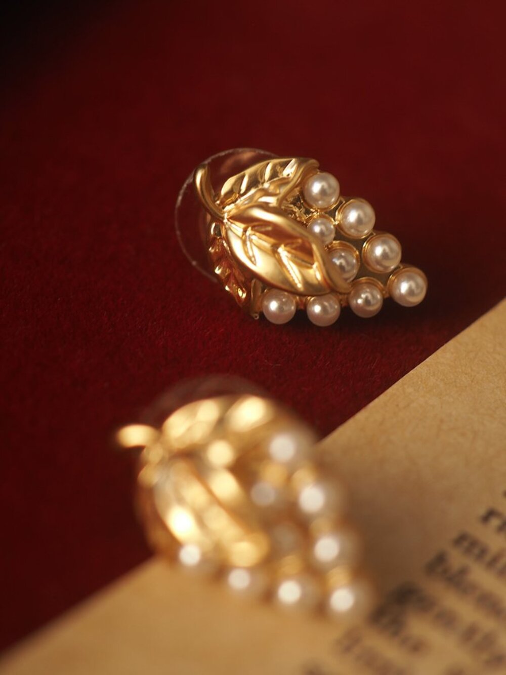 Vintage Gold Leaf Pearl Cluster Stud Earrings